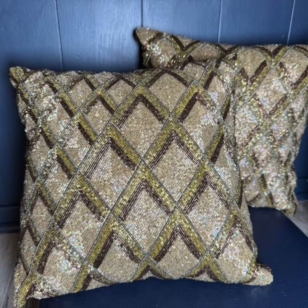 Set of 2 Pier 1 Gold Beaded Accent Throw Pillows 12x12 Geometric Diamond